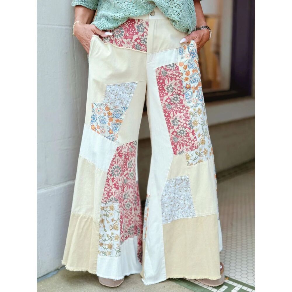 Blue Velvet Wanderlust Patchwork Pants in Tan Rust Size L